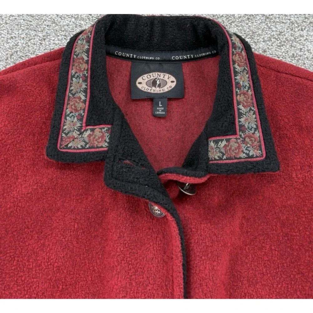 Vintage Country Clothing Fleece Coat Womens L Red Floral Canada Made Cottagecore